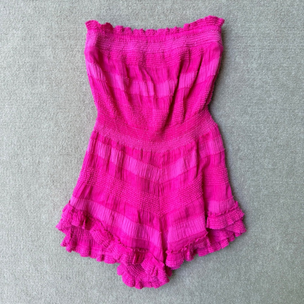 Urban Outfitters Hot Pink Smocked Tube Romper Strapless Ruffle Hem XS/S